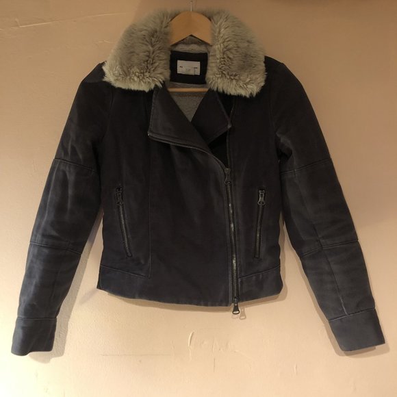 CLUB MONACO Fitted Grey Aviator Cotton Jacket, Faux Fur Collar, XS - Picture 1 of 5